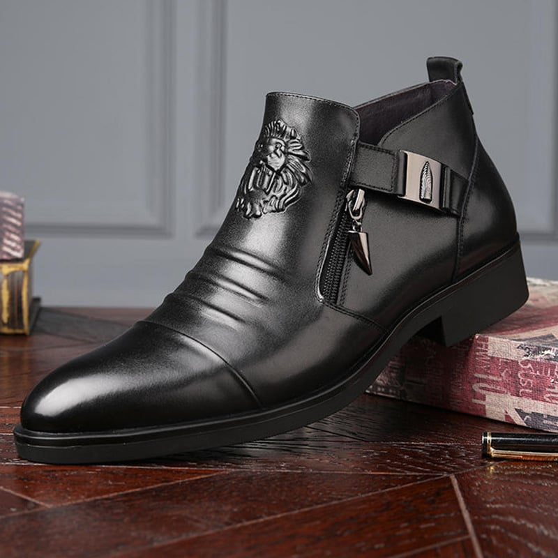 Italian Hand-embossed Zipper Leather Short Boots