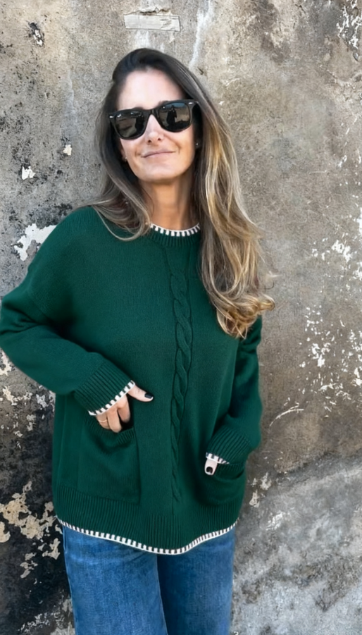 CLEARANCE SALE🔥2025 Round Neck Loose Knitted Contrast Pocket Sweater