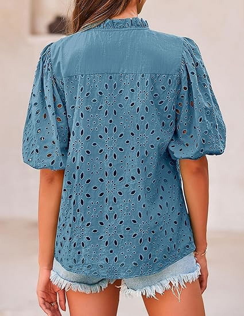 Short Lantern Sleeve Button Hollow Lace Embroidery Shirt