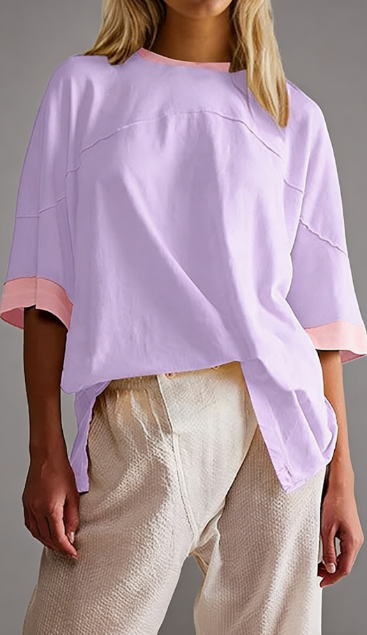 2026 Loose-fitting casual ribbed fabric patchwork pure cotton T-shirt