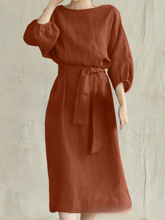 2026 Mid-length Tie-waist Solid Color Round Neck Dress