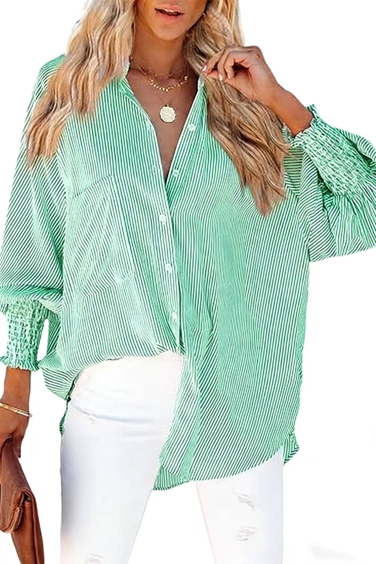 Womens Smocked Cuffed Striped Boyfriend Shirt Casual Collar Long Sleeve Oversized Button Down Blouse Tops with Pocket Shirred