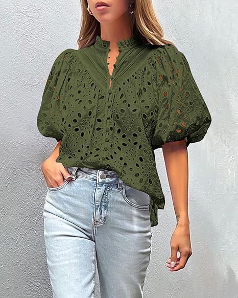 Short Lantern Sleeve Button Hollow Lace Embroidery Shirt