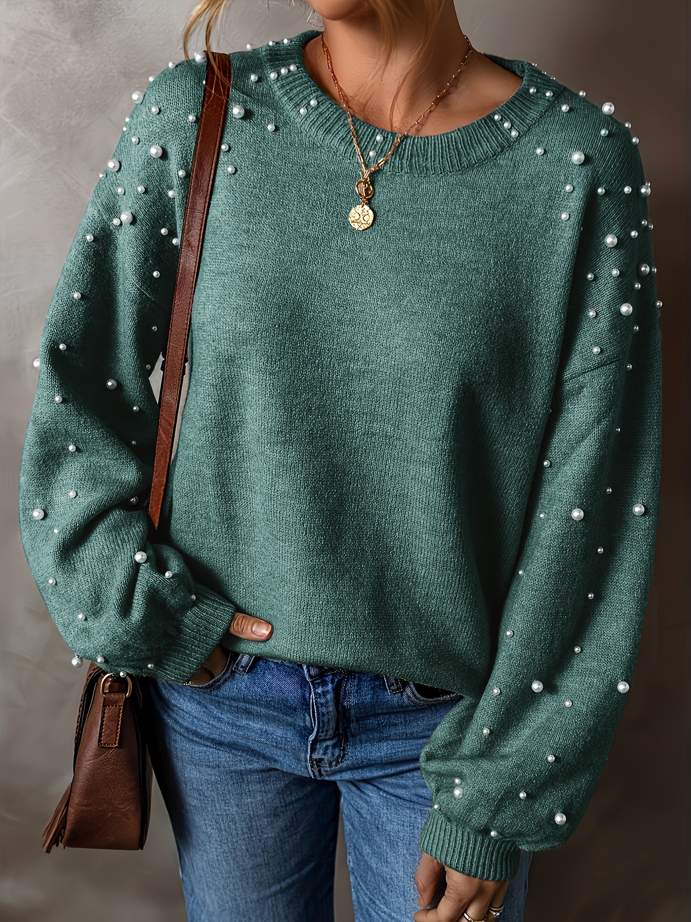 2025 🎄Women's Chunky Knit Round Neck Lantern Sleeve Wide Pearl Sweater