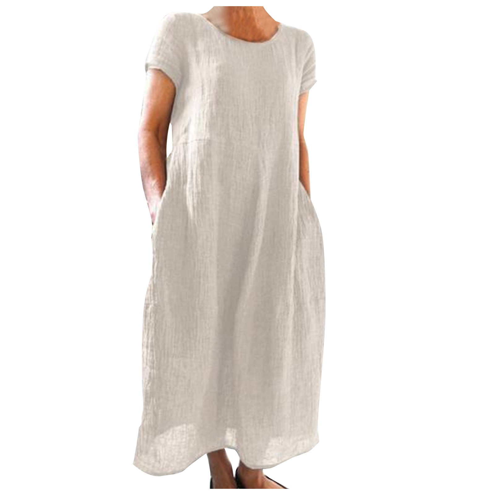 Women Short Sleeve Round Neck Solid Color Long Dress 