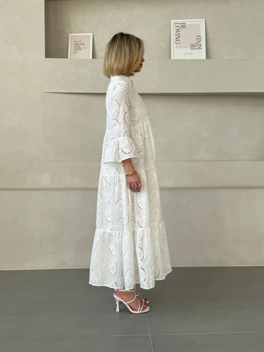 V-neck embroidered hollow lace long skirt