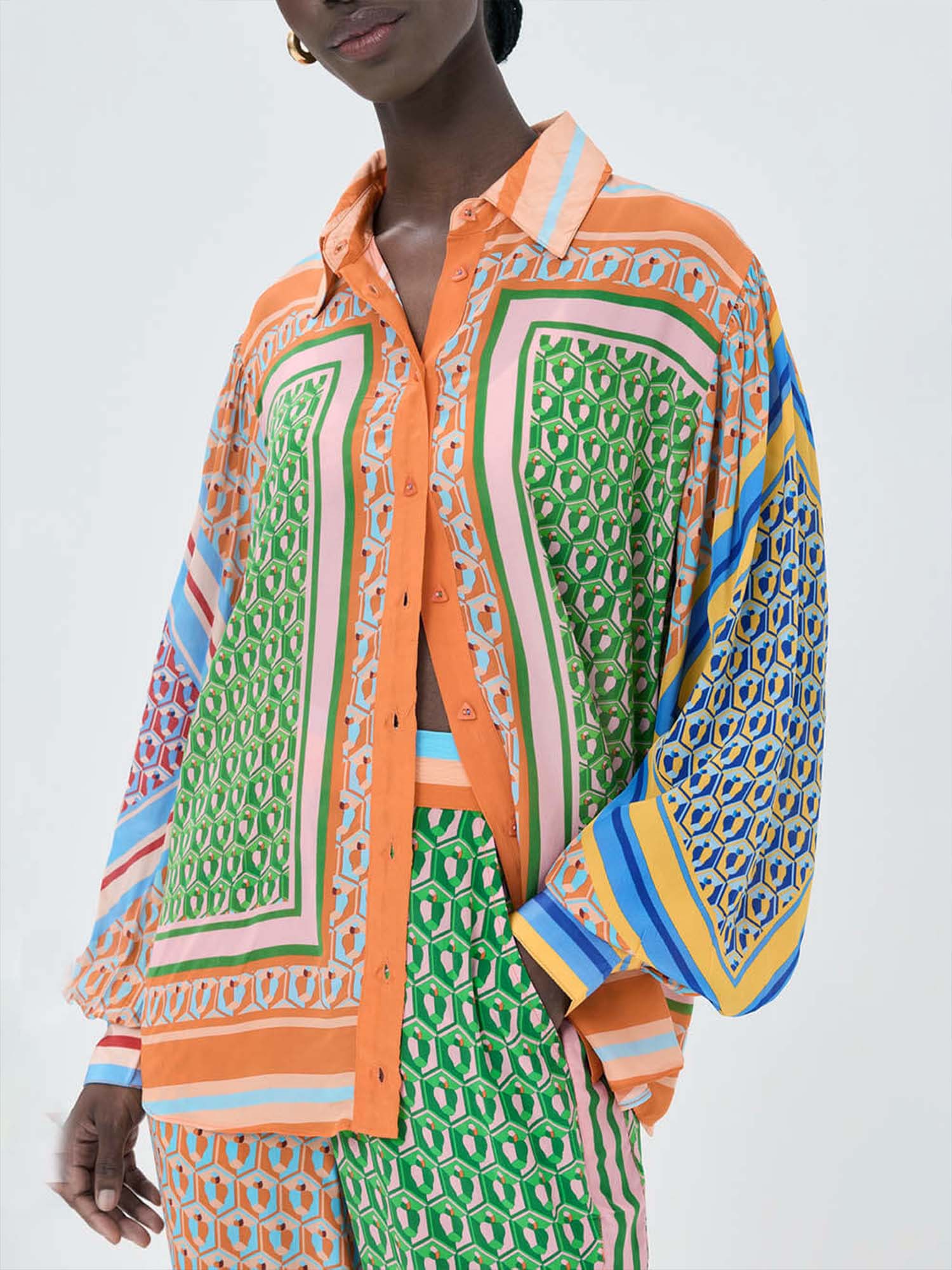 Print Oversized Button-Up Shirt with Colorblock Details