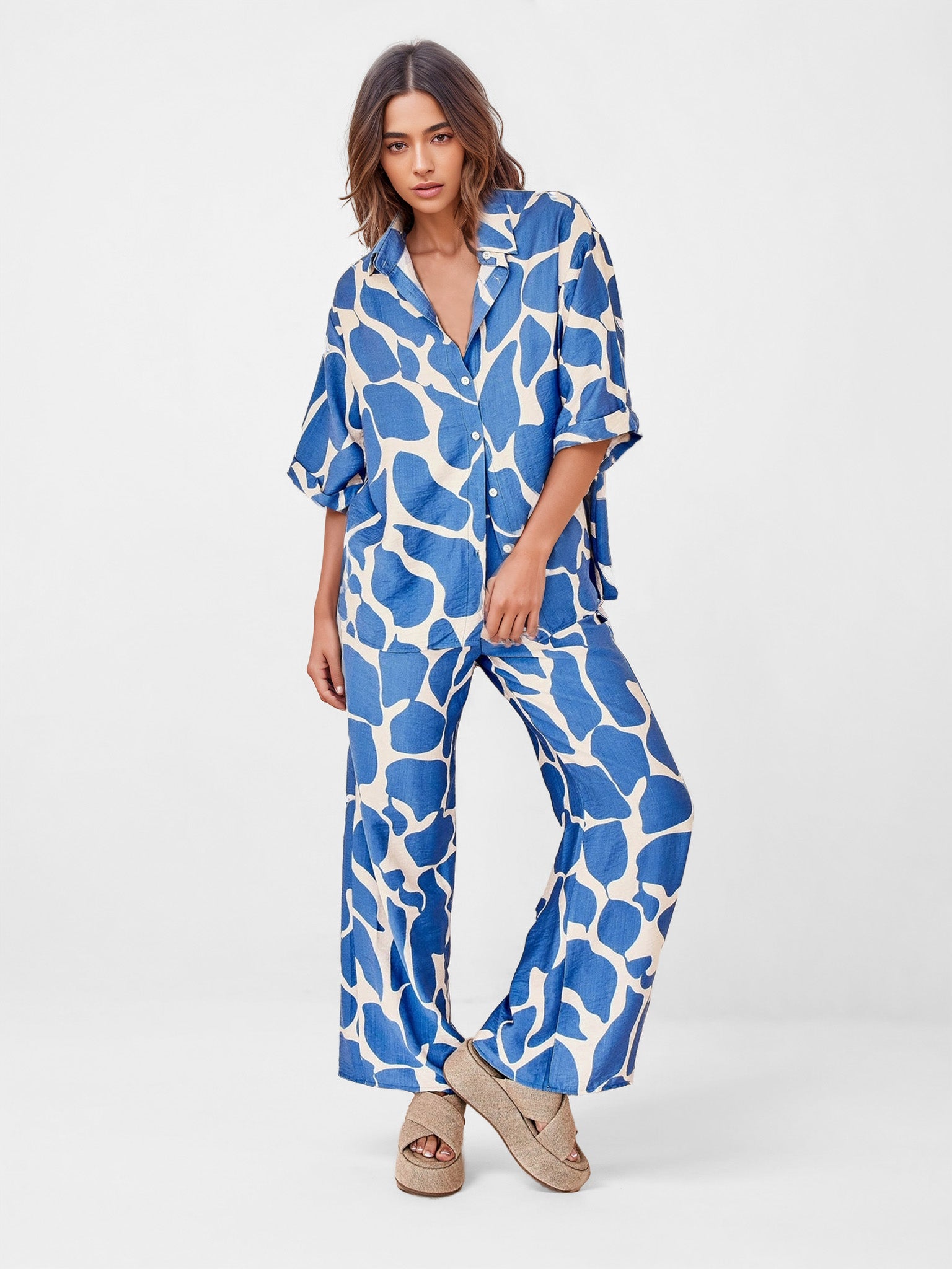 Ocean Wave Print Wide-Leg Pants