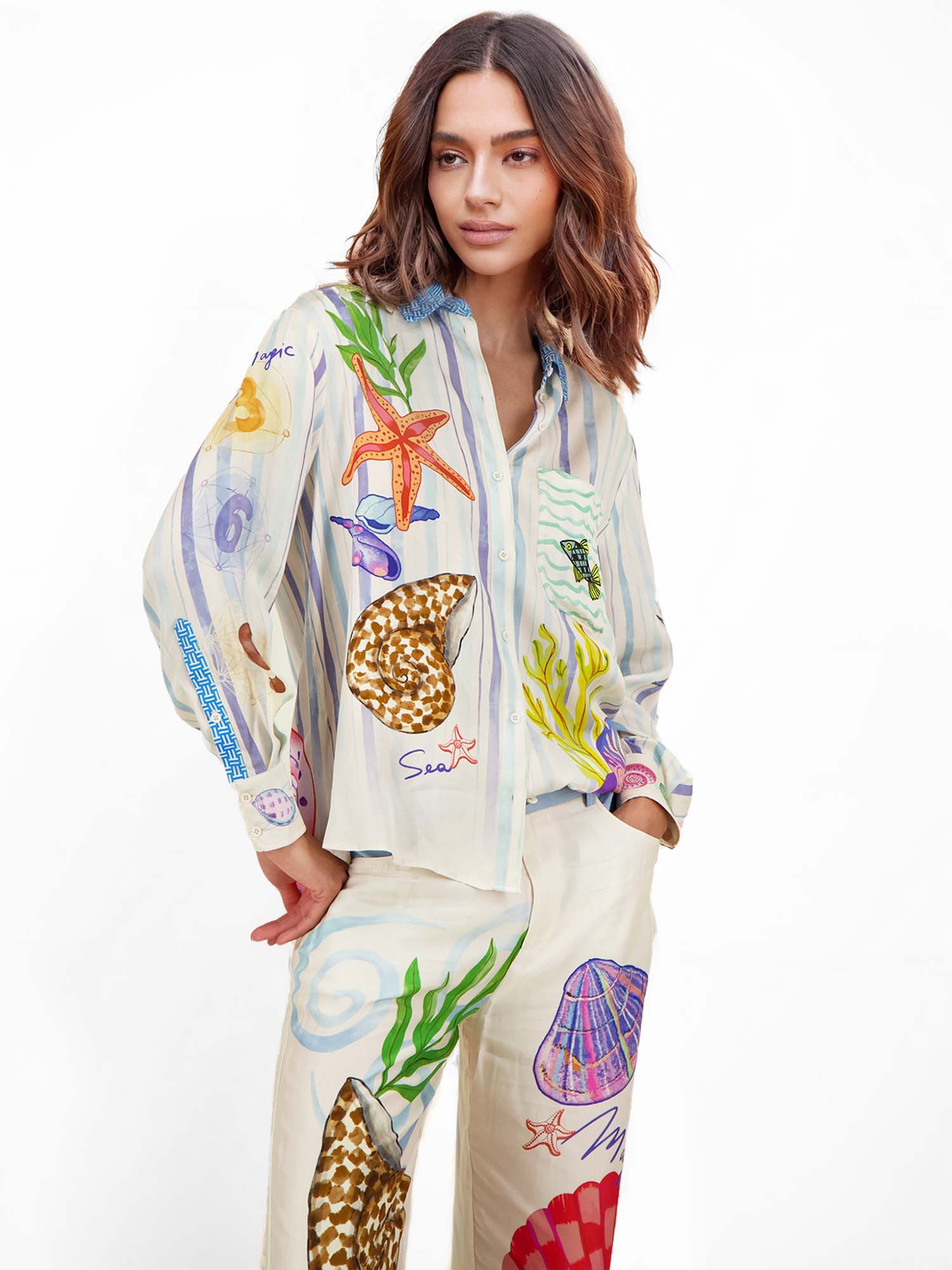 Seashell Print Belted Vacation Shirt