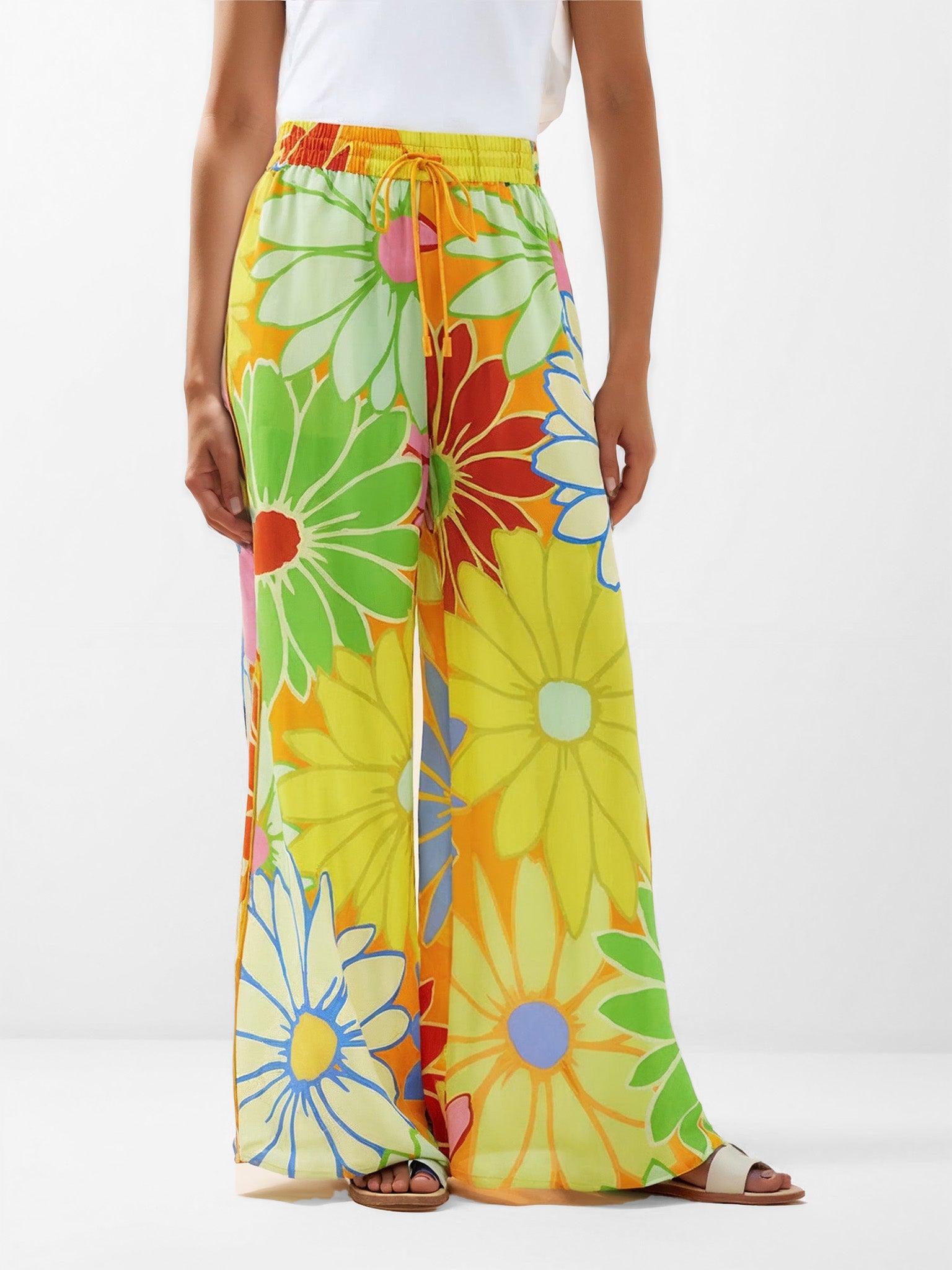 Bold Floral Print Wide-Leg Pants