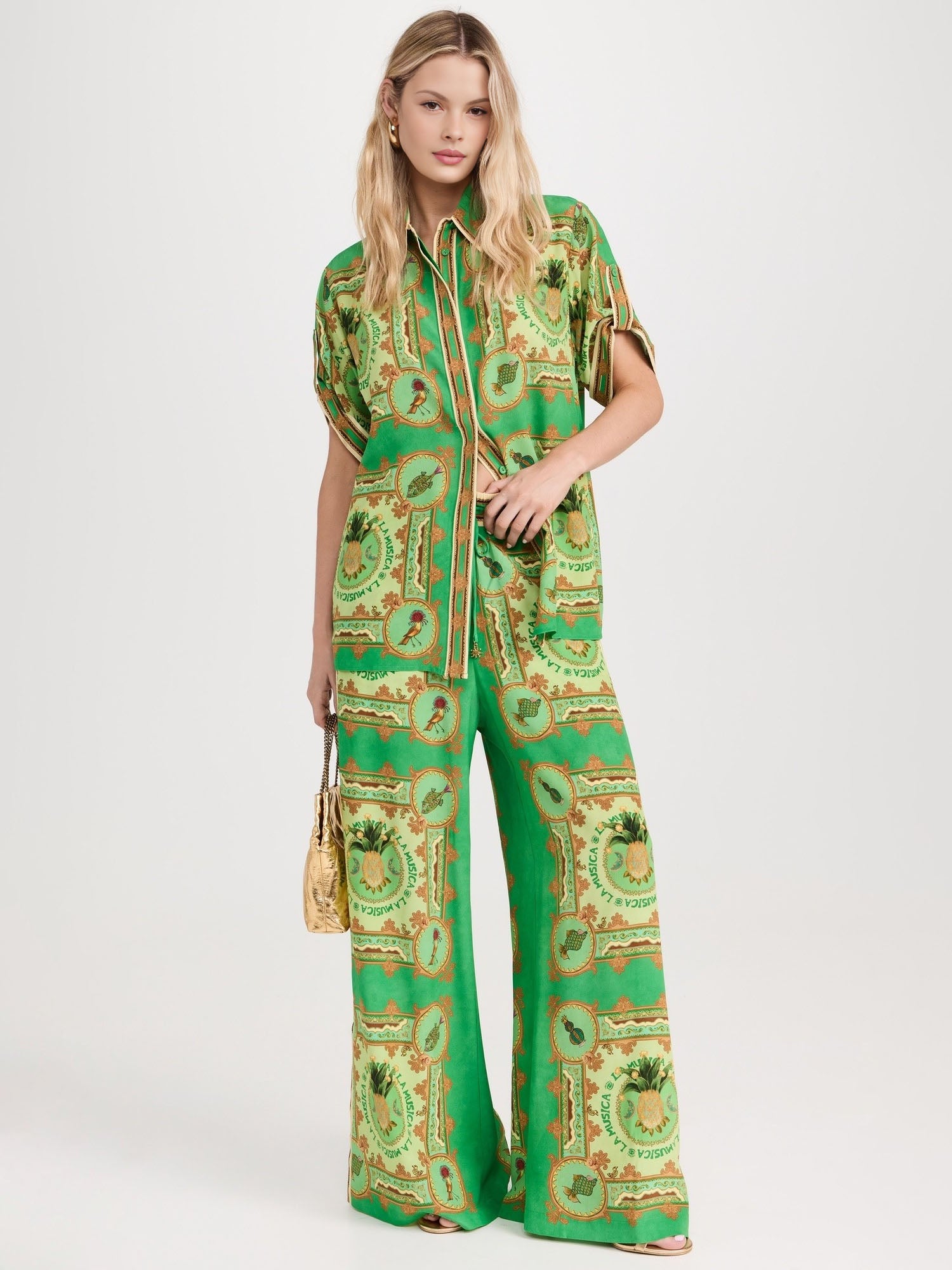 Green Paisley Print Wide-Leg Pants