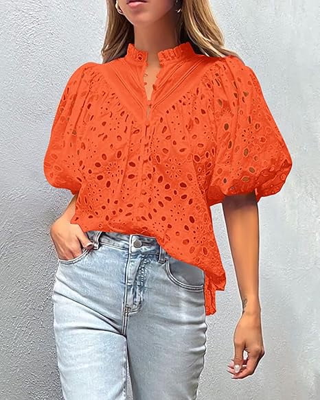 Short Lantern Sleeve Button Hollow Lace Embroidery Shirt