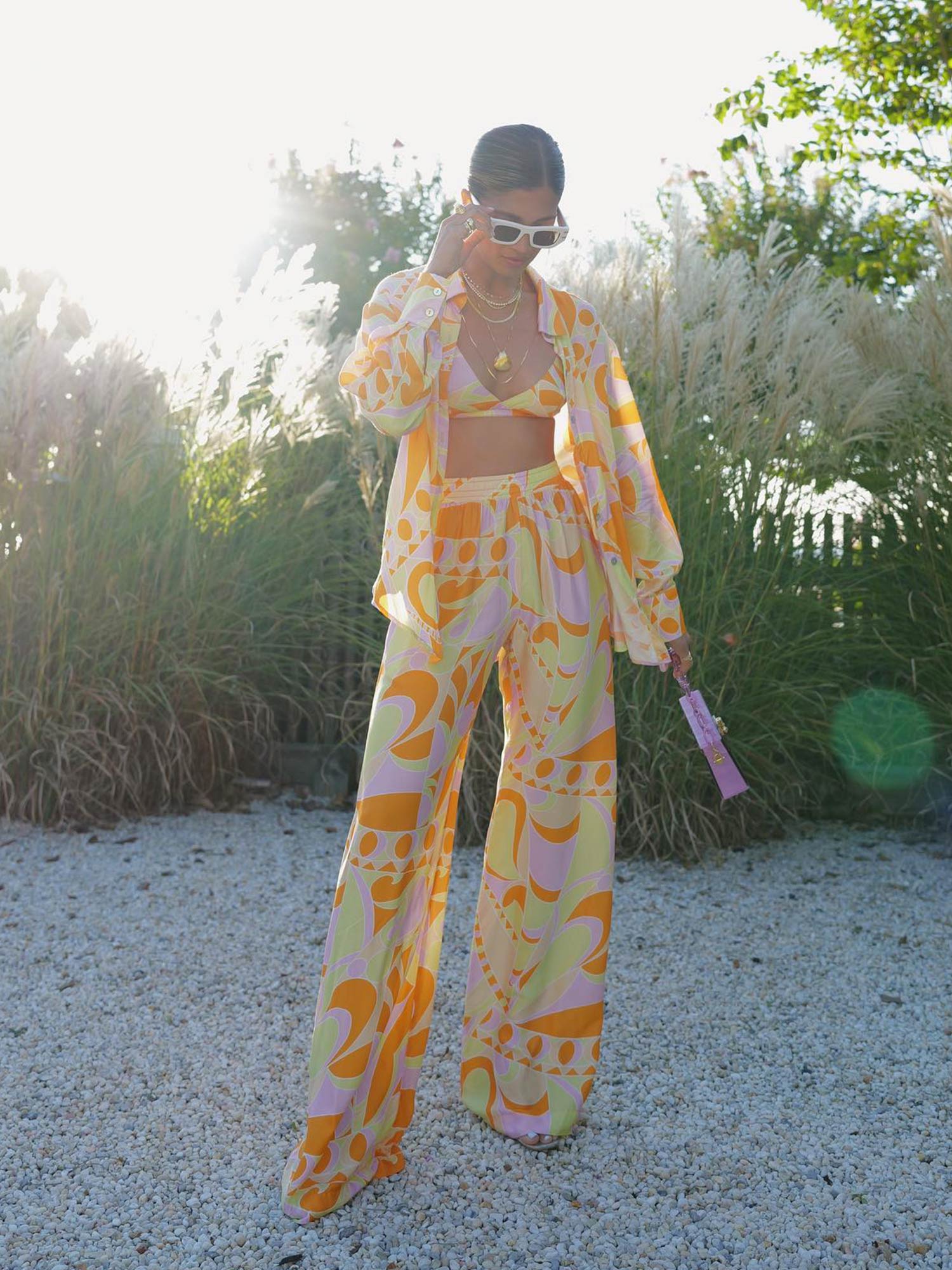 Tropical Beach Graphic Print Wide-Leg Pants