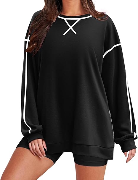 Women‘s Oversized Sweatshirt Crewneck Tunic Pollover Shirts Side Zipper Hoodie Sweater