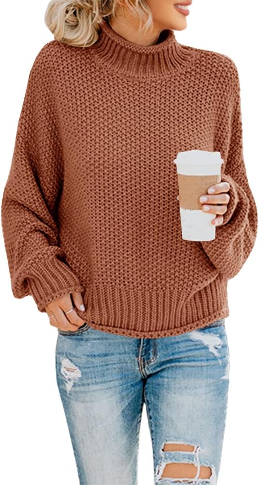 Women's Turtleneck Oversized Sweater Batwing Sleeve Loose Chunky Knit Pullover