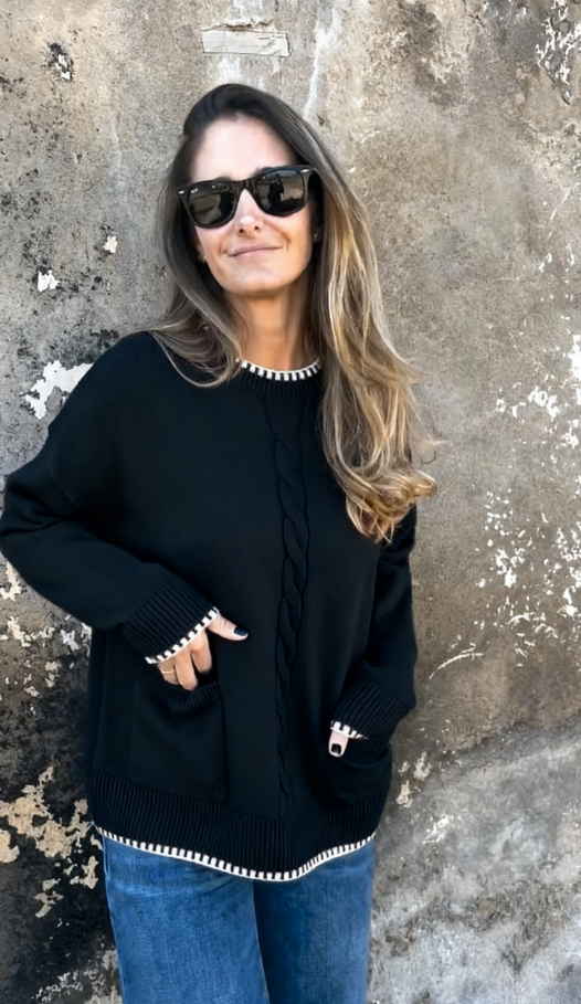 CLEARANCE SALE🔥2025 Round Neck Loose Knitted Contrast Pocket Sweater