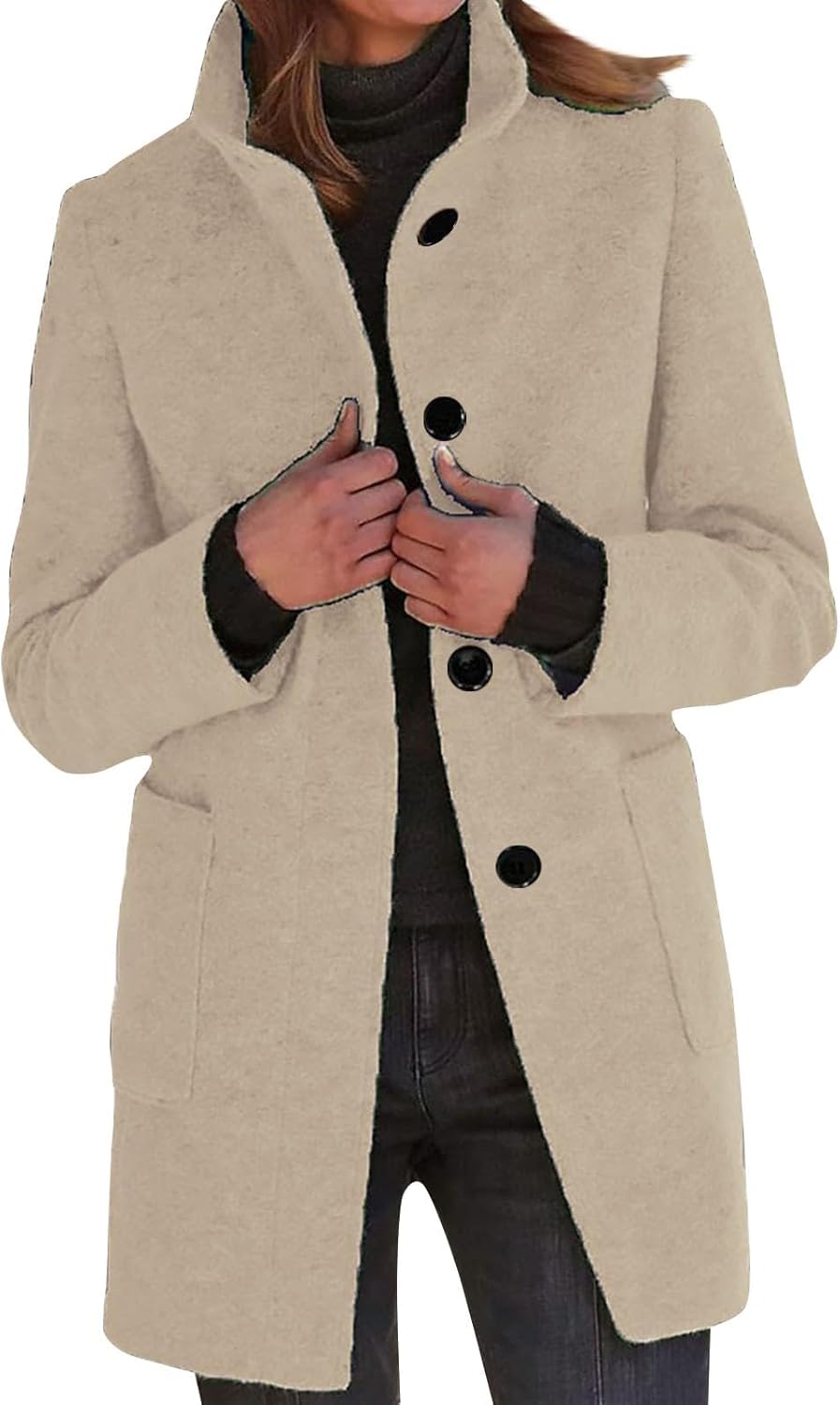 2025🔥Women's Long Casual Solid Color Wool Thicken Long Sleeved Stand-up Coat 