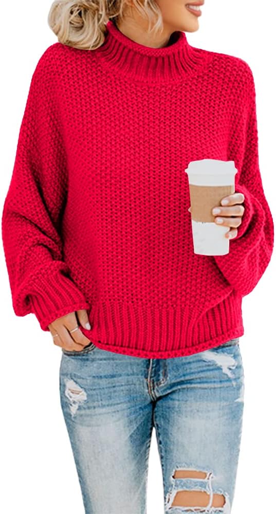 Women's Turtleneck Oversized Sweater Batwing Sleeve Loose Chunky Knit Pullover