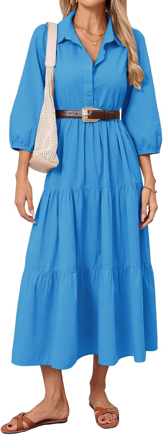 Women's button-down long-sleeved shirt dress with pockets, flowy multi-layered collared dress