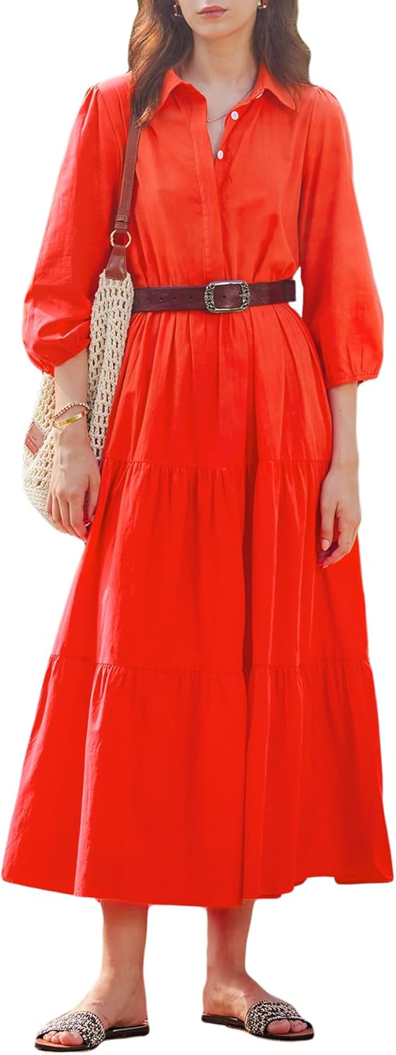 Women's button-down long-sleeved shirt dress with pockets, flowy multi-layered collared dress