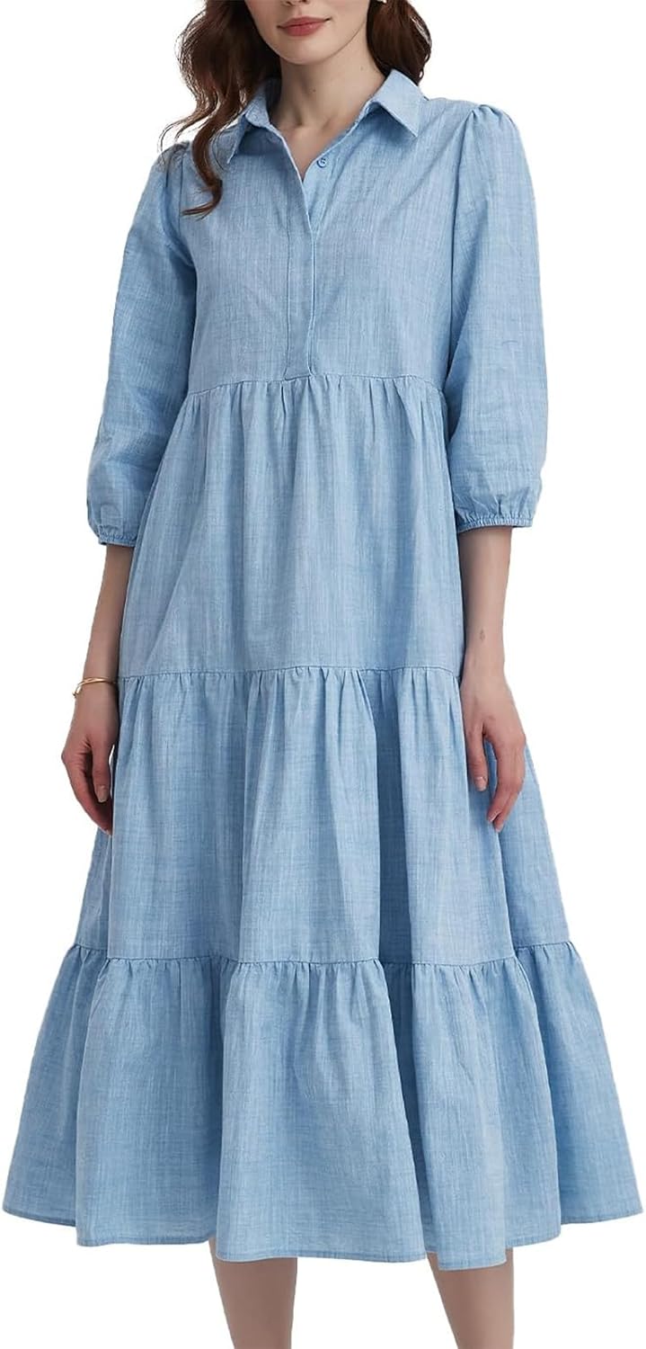 Women's button-down long-sleeved shirt dress with pockets, flowy multi-layered collared dress