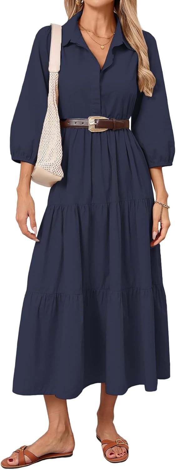 Women's button-down long-sleeved shirt dress with pockets, flowy multi-layered collared dress