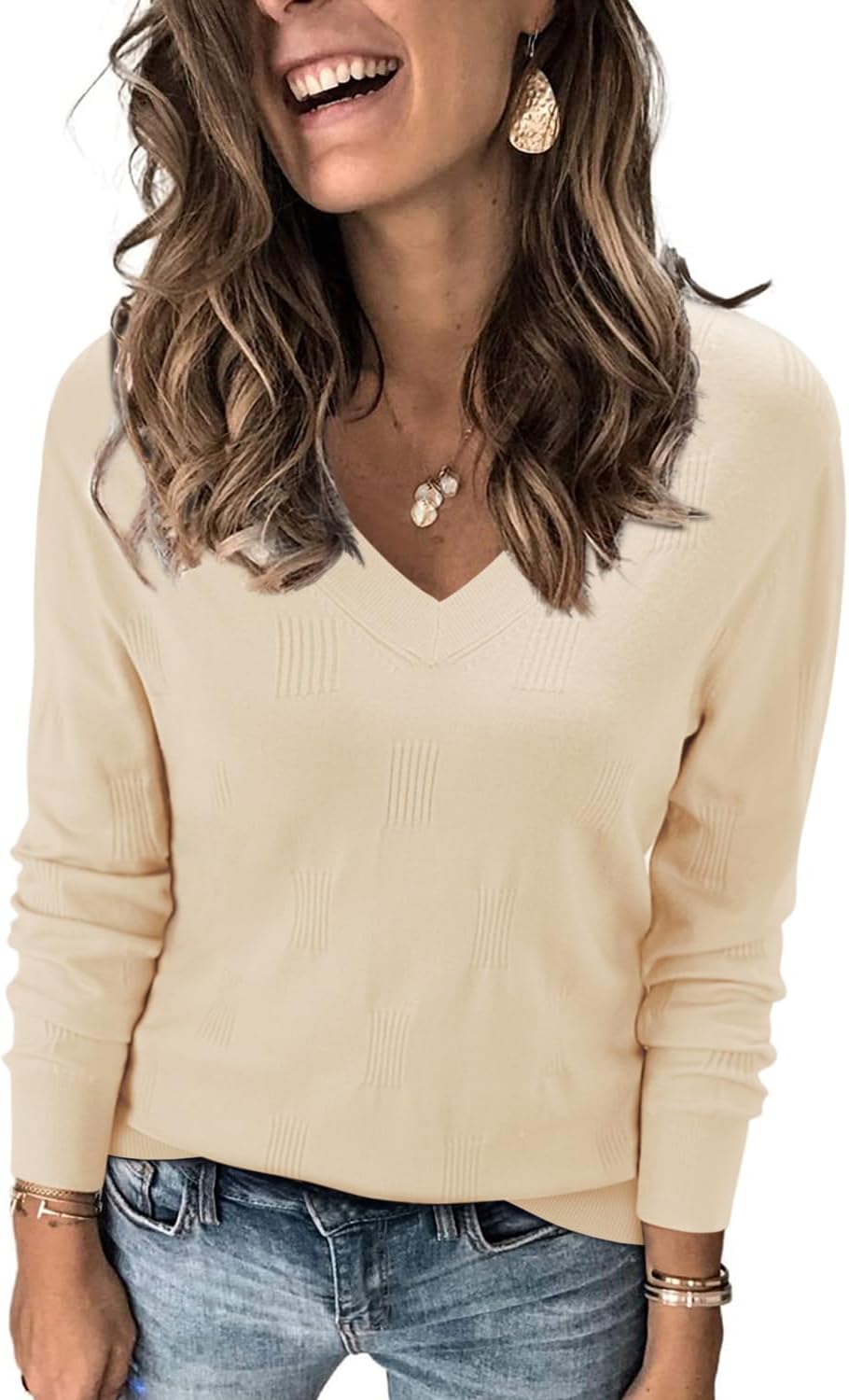 Women's Soft V Neck Long Sleeve Fall Casual Regular Fit Sweater Tops