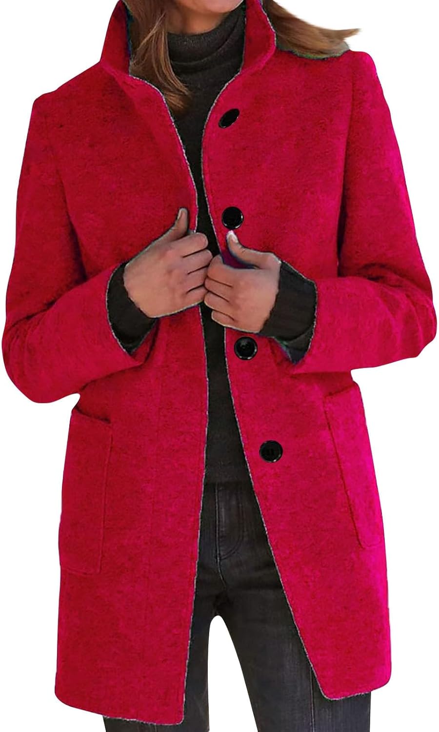 2025🔥Women's Long Casual Solid Color Wool Thicken Long Sleeved Stand-up Coat 