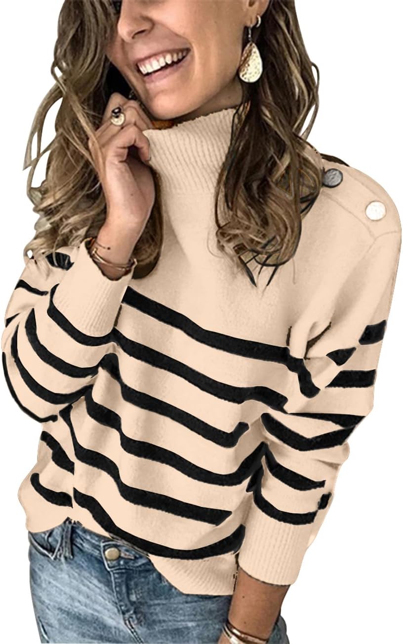 2025 Long Sleeve Metal Button Striped Turtleneck Sweater