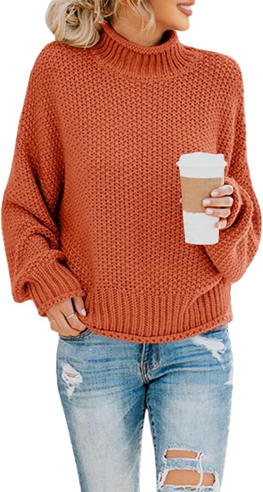 Women's Turtleneck Oversized Sweater Batwing Sleeve Loose Chunky Knit Pullover
