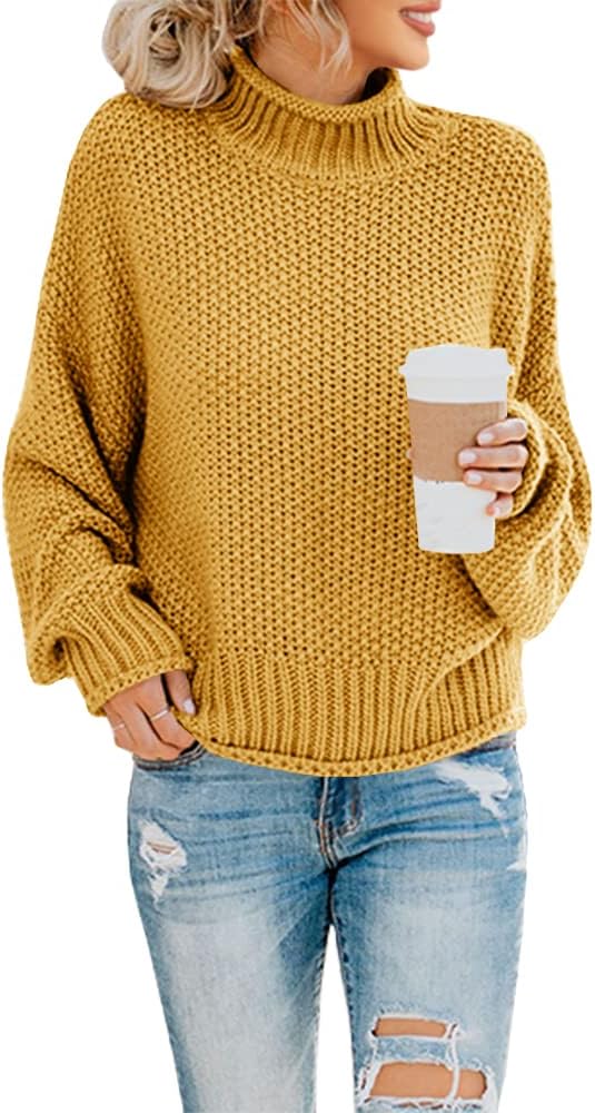 Women's Turtleneck Oversized Sweater Batwing Sleeve Loose Chunky Knit Pullover