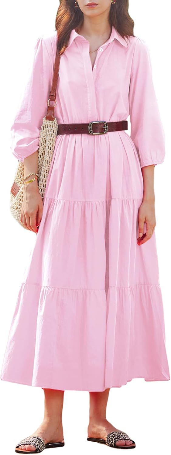 Women's button-down long-sleeved shirt dress with pockets, flowy multi-layered collared dress