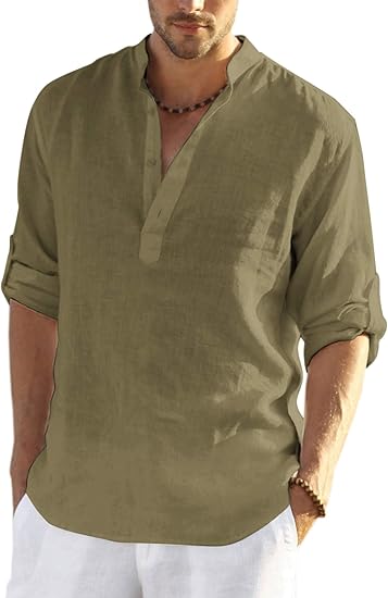 Men's Middle-Sleeved Linen Cotton Casual Band Collar Shirt