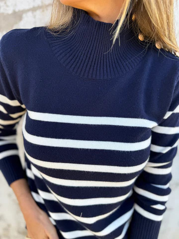 2025 New🔥Casual Loose Striped High Neck Button Women's Knitted Sweater Top
