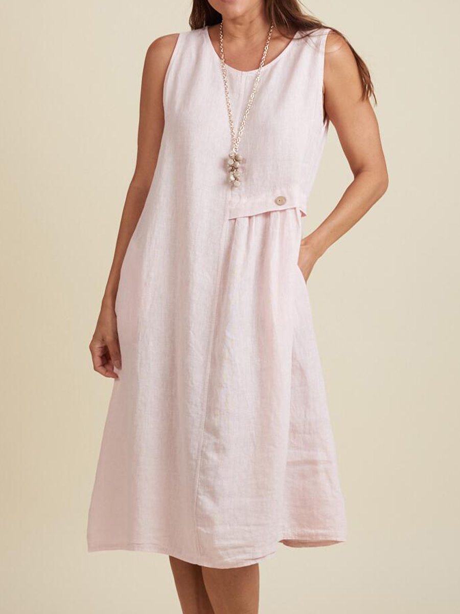 Women's Round Neck Pocket Cotton and Linen Dress
