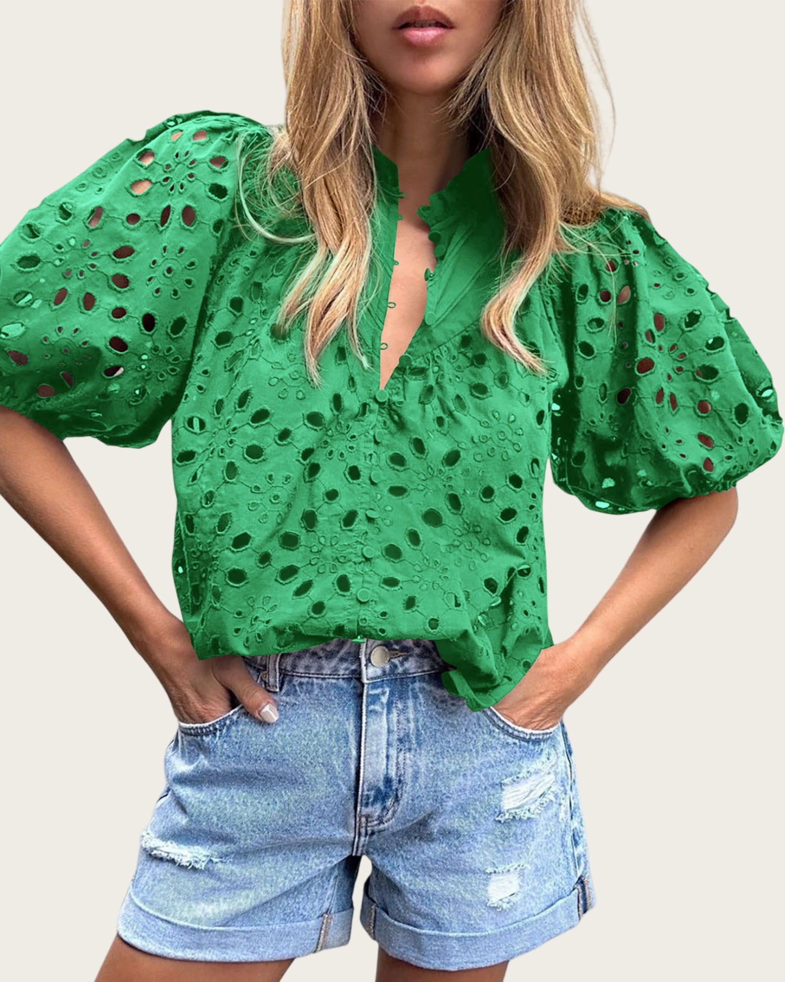 Short Lantern Sleeve Button Hollow Lace Embroidery Shirt