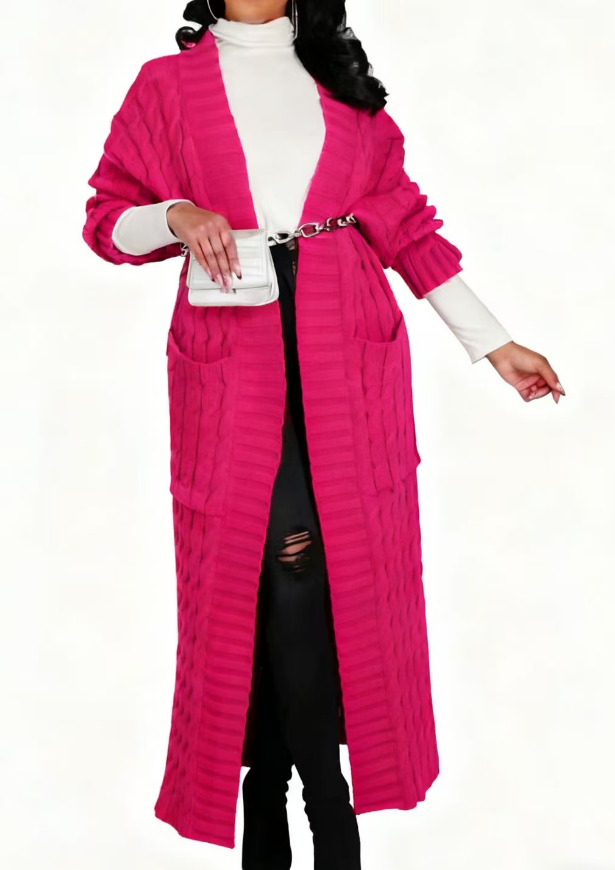 2025 Women's Solid Color Drop Shoulder Pocket Cable Knit Cardigan