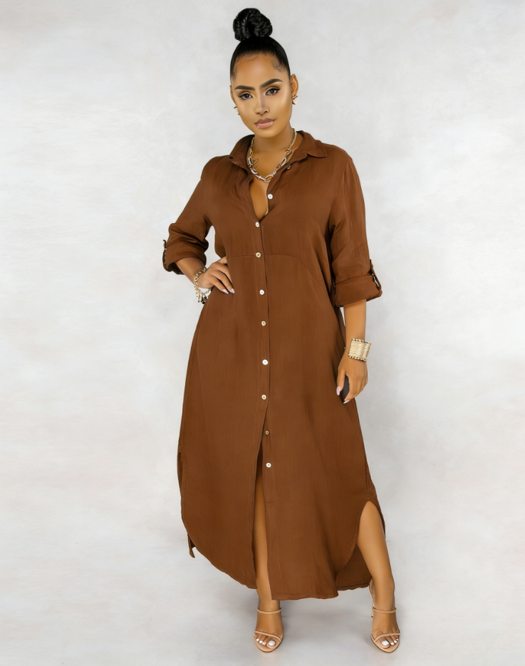 2026🔥 Three-quarter sleeve rolled hem side slit shirt dress