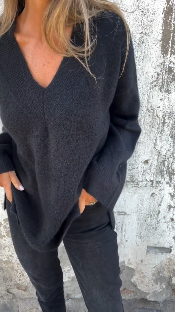 Solid Color V-neck Long Sleeves Thick Sweater 