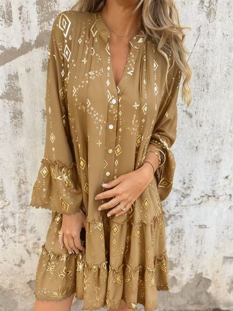 Limited Time Discount 🔥New Hot Stamping Lace Trumpet Sleeve Hollow Dress