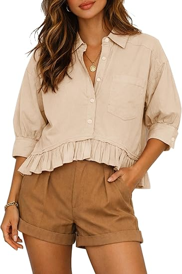 2026 Loose-fitting striped lace hem five-quarter sleeve shirt