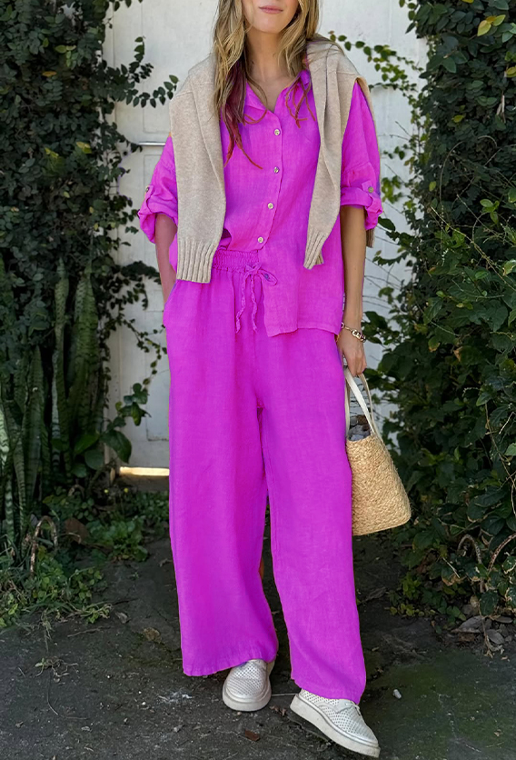 Comfortable Cotton and linen casual solid color 2-piece Set