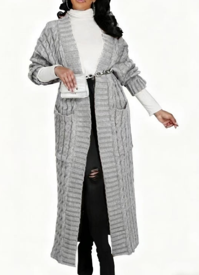 2025 Women's Solid Color Drop Shoulder Pocket Cable Knit Cardigan