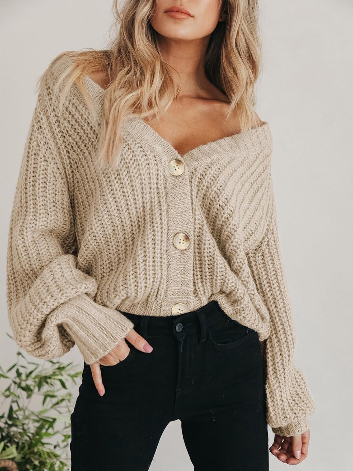 Women's Chunky Knit Cardigan Sweater Long Sleeve Button Loose Cardigan Jacket