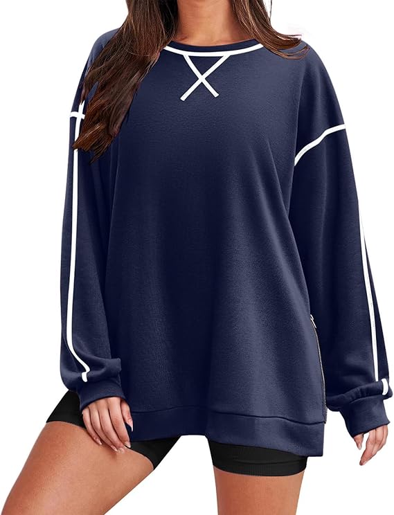 Women‘s Oversized Sweatshirt Crewneck Tunic Pollover Shirts Side Zipper Hoodie Sweater