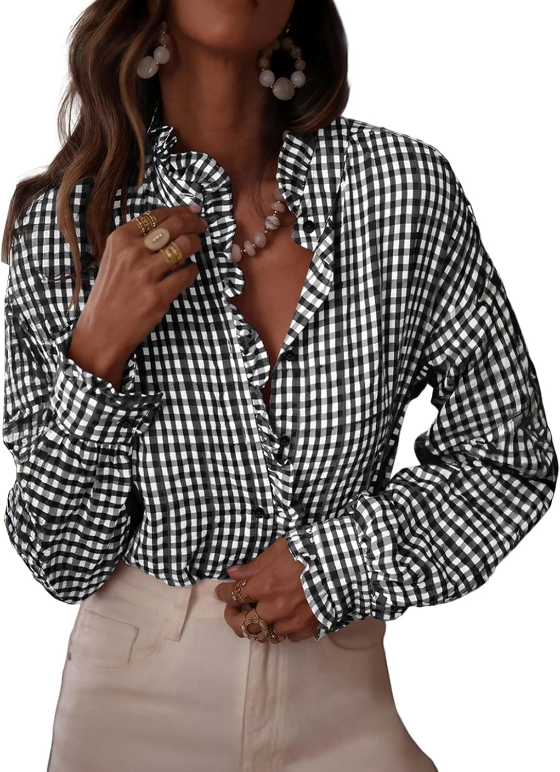 Fashionable women's plaid ruffle button-down shirt