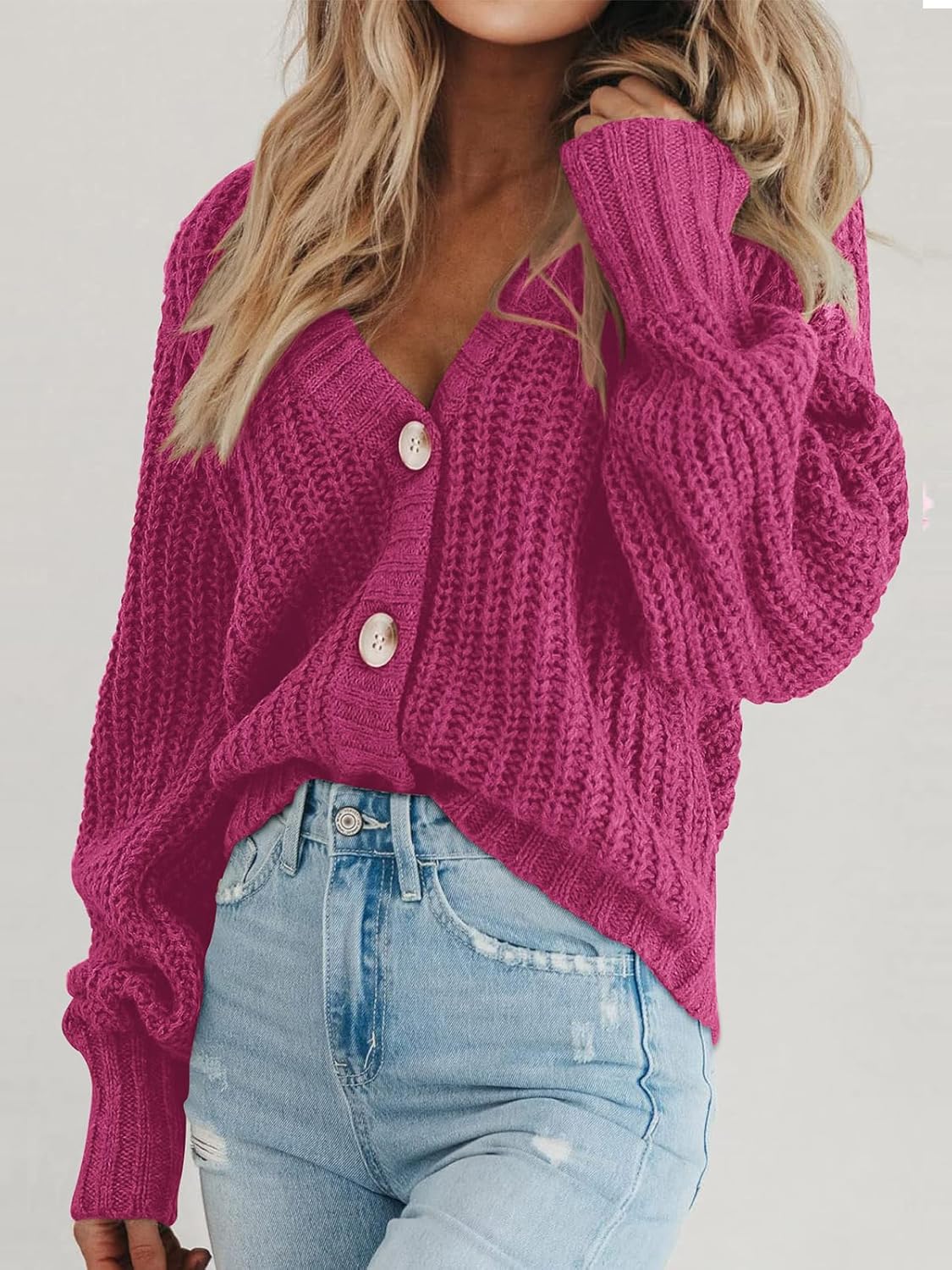 Women's Chunky Knit Cardigan Sweater Long Sleeve Button Loose Cardigan Jacket