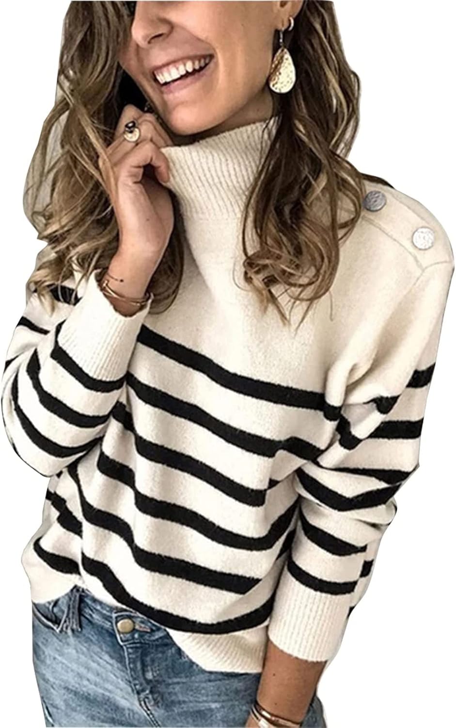 2025 Long Sleeve Metal Button Striped Turtleneck Sweater