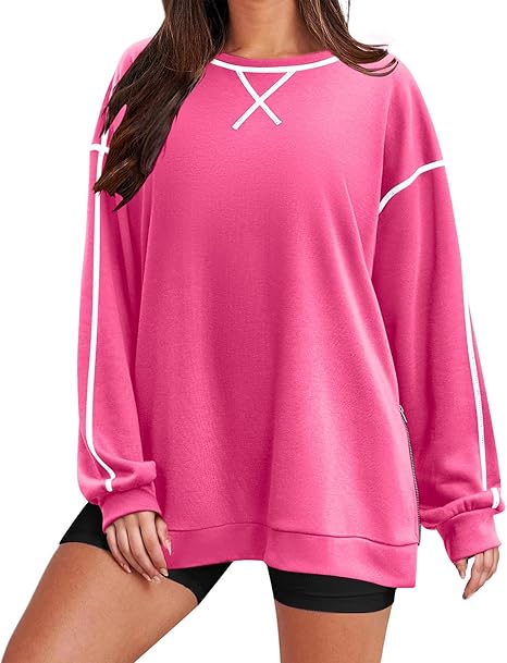 Women‘s Oversized Sweatshirt Crewneck Tunic Pollover Shirts Side Zipper Hoodie Sweater