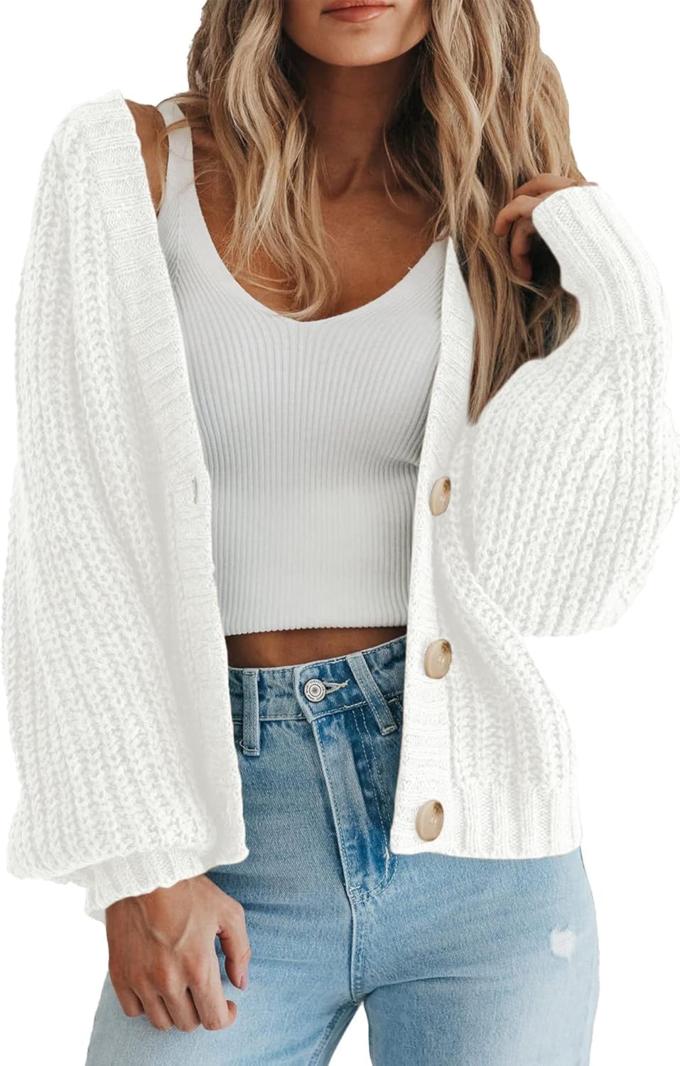 Women's Chunky Knit Cardigan Sweater Long Sleeve Button Loose Cardigan Jacket